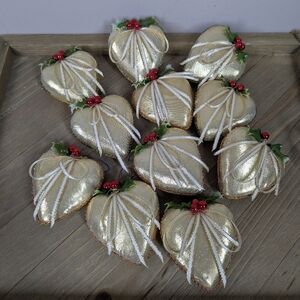 Vintage Gold Fabric Heart Ornaments Set of 11 | Holly Berry Christmas Decor 3”